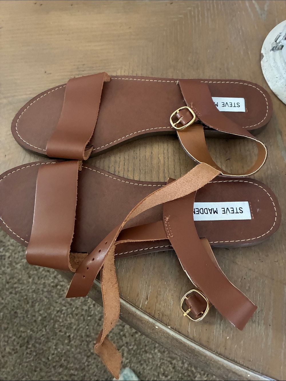 Steve Madden Cognac Leather Strap Sandals with Gold Buckles